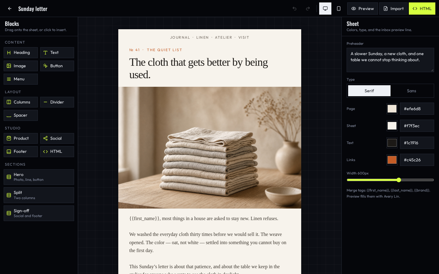 The HYPED page builder, with blocks on the left, the letter in the center, and settings on the right