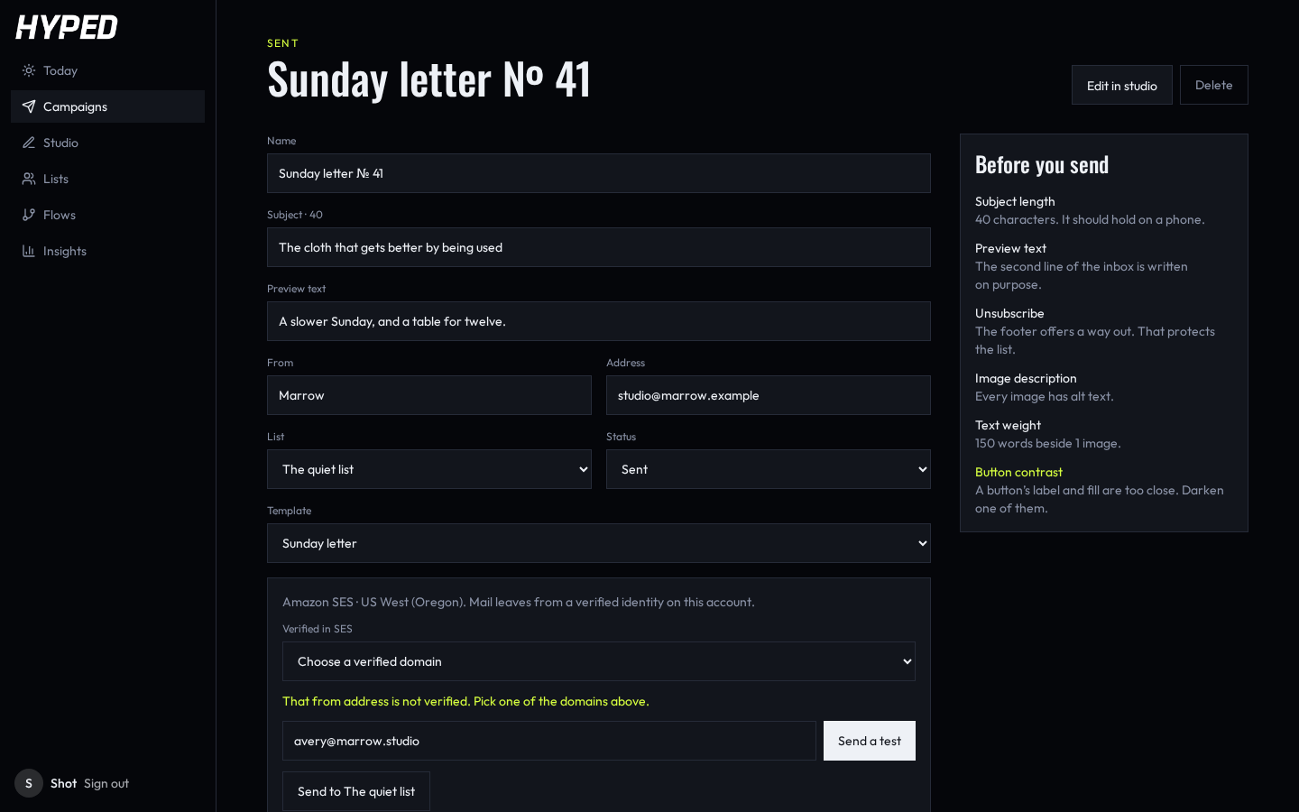 A HYPED campaign, with the subject line and a test send